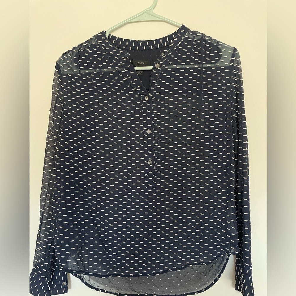 J. Crew Navy Patterned Sheer Silk and Polyester Blouse